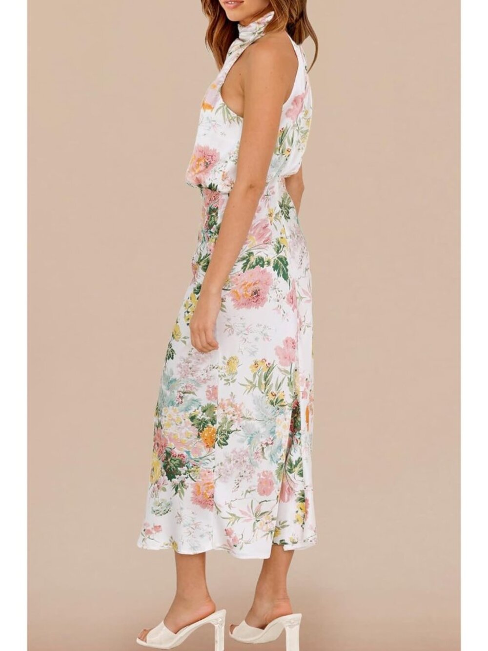 Women Print White Summer Satin Elegant Sleeveless Mock Neck Cocktail Maxi Dress - Picture 4 of 5